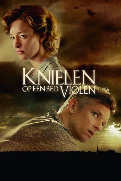 Knielen op een bed violen